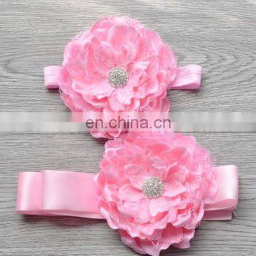 2 Pcs Set Laced Peony Flower Sash Belt Matching Headband For Kids photo-4