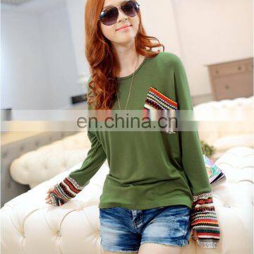 2017 new loose stitching long-sleeve t-shirt green fashion t shirt for women t shirt manufacture