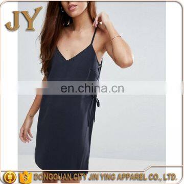 Women Summer Mini Cami Dress Woven Dress With Eyelet Details Adjustable Spaghetti Strap V-neck Dress in Black photo-5