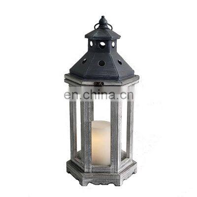 Outdoor Antique  Lantern Grey Wood Candle Lanterns Home Decorative Lantern Stand