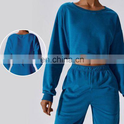 Long Sleeve Loose Pullover Hoodies Custom Logo Womens Oversize Crop Tops Sweaters 86rayon 14spandex