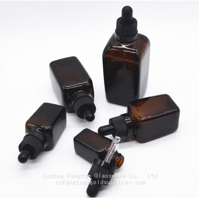 Child-Resistant Screw Top Cap dropper bottle Amber glass dropper bottle square shape empty bottles for skin care serum essential oil packing