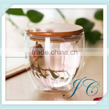 double wall glass cup / glass tea cup / glass coffee cup with wooden lid