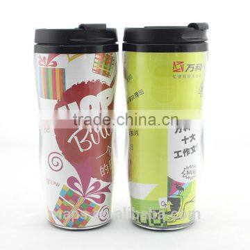 plastic mug with lid, double wall plastic mug, Promotional mug plastic