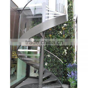 outdoor steel central pole spiral stair with checkered plate and frameless glass railing