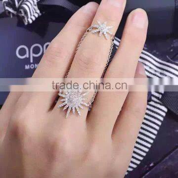 925 silver star shape jewelry double two finger band rings for women