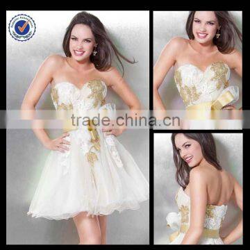 New Design Wholesale Custom Made Charming Mini Classy Sweetheart White Tulle Gold Appliqued Cocktail Dress C0088