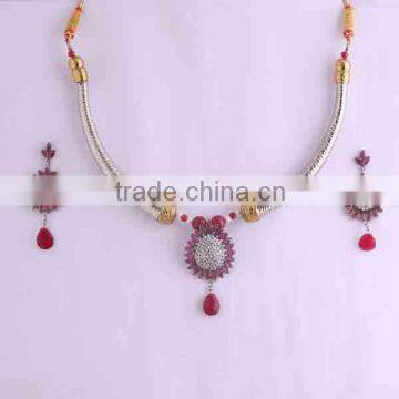 Indian manufactured Mughal style necklace set earrings ruby gemstone fashion jewelry. Brass metal.