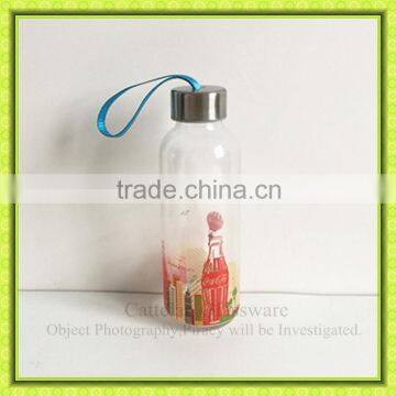 430ml decal printed glass beverage bottle,drift glass bottle for juice,glass cola bottle with carry ropes