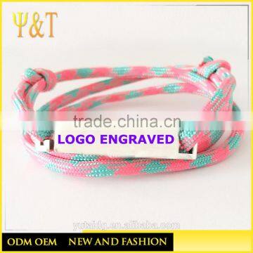 Jingli jewelry custom logo woven nylon strap metal tag bracelets,custom engraved hand made nylon metal bracelets (QS-021)