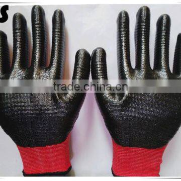 BSSAFETY Black nitrile coated red nylon knitted safety gloves, zebra nitrile hand protection work gloves