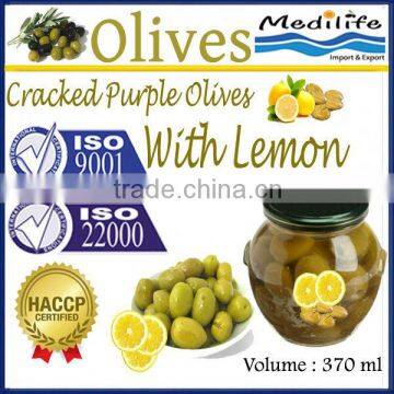 High Quality 100% Tunisian Table Olives,Cracked Purple Olives with Lemon, Cracked Olives with Lemon 370 ml Glass Jar