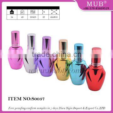 Unique shaped UV gel colored small empty glass spray bottle for perfume with screw aluminum atomizer