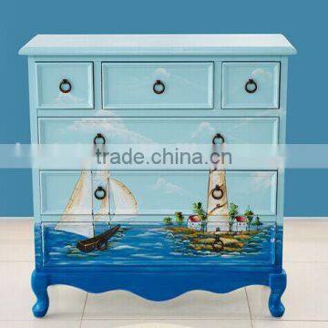 Mediterranean Style Chest of Drawers, Sailing Boat Handpainting Storage Cabinet, Solid Wood Living Room Cabinet (BF01-X1153) photo-5