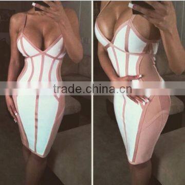 New Arrival Hot Fashion 2015 Cut Sexy V Neck Bodycon HL Spaghetti Strap Bandage Dress Cocktail Party Dress