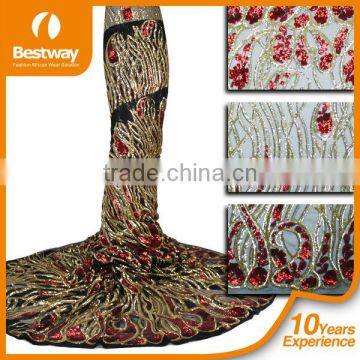 Bestwaytex FL0049 In Royal Blue Color French Cord Lace Silk Chiffon Fabric With Shiny Sequins photo-3