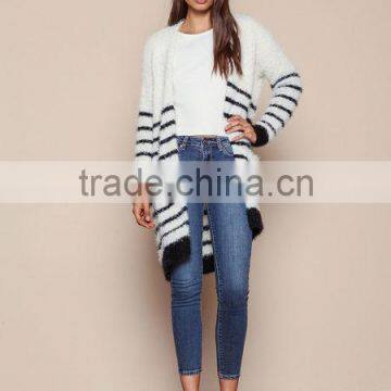 MGOO 2016 New Arrival Fuzzy White Striped Cardigan Women Knit Tops Cashmere Sweaters Women Clothing photo-6