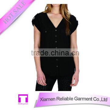 Black deep neck blouse chiffon blouse 2014