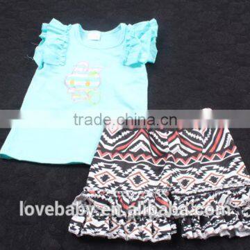 100% Real Life Picture Blue Bunny Top With Short Floral Ruffle Pants 2pcs Easter Day Clothing Set LBYTZ001-107 photo-2
