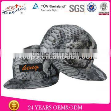 OEM 5 panel hat high quality full snakeskin leather 5 panel hat/cap snap back with woven label on front