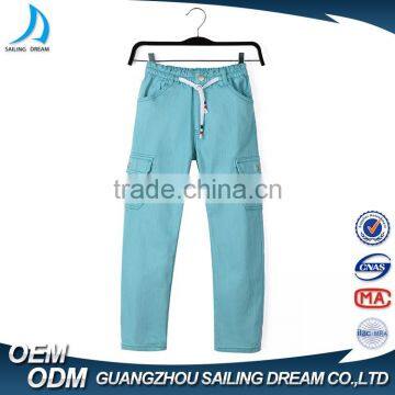 New fashion multi pocket plain blue solid color cheap kids elastic bottom jeans with side zipper