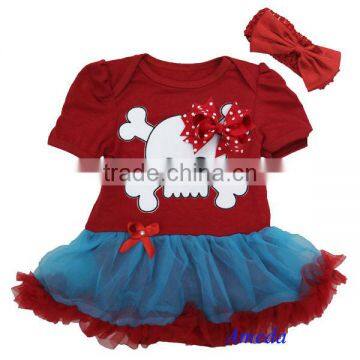 Newborn Baby Red Peacock Skull Pettiskirt Bodysuit Romper and Headband NB-18M