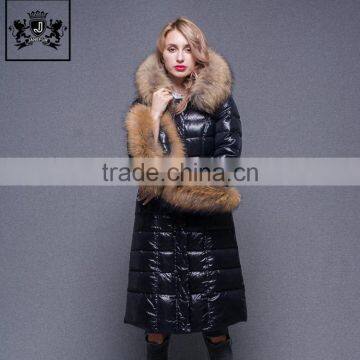 Beautiful design fashion pattern goose down jacket women with big fur collar and cuff