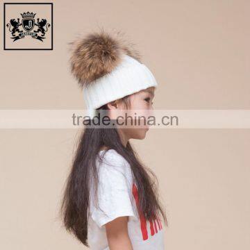 Fahion Pattern Beanie Custom Logo Kids Knitted Beanies Double Big Raccoon Fur Pom Hat Baby