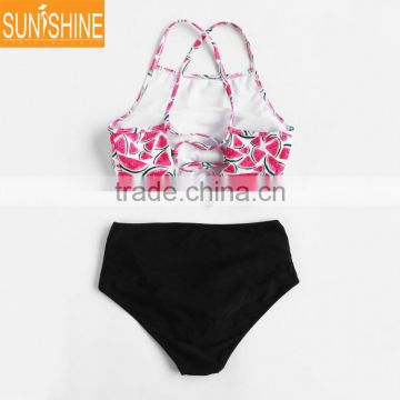 Watermelon Printed High Waist Beachwear Lace Up Bikini Set Woman High Neck Swimming Suits