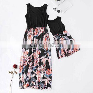 black flower print Mom and Daughter Dress Sleeveless Casual Patchwork Flower Long Dress Mommy and me clothes