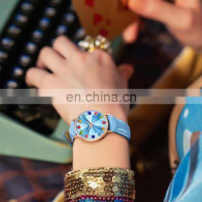 SHENGKE SK Woman Watch Drop Shipping Watches K0157L Blue Leather Wristwatch Japan Quartz Movement 2035 Big Stone Bling Dial photo-5