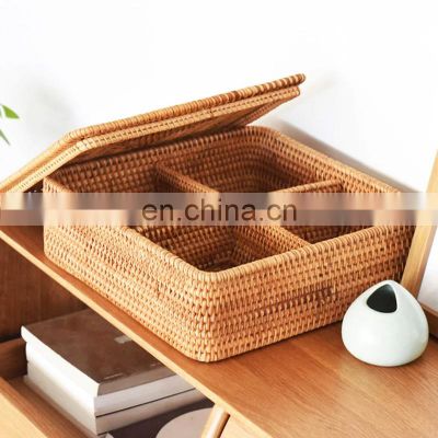 High Quality Rattan Woven Storage Basket With Cover 4 compartments Wicker Cosmetic Storage Basket Wholesale Supplier