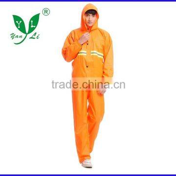 190T Orange adults polyester raincoat/rain suit with reflective strips