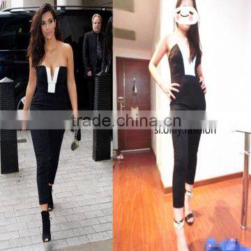 Kim Kardashian White and Black Patchwork Jumpsuit Celeb Monochrome XS-L 8016