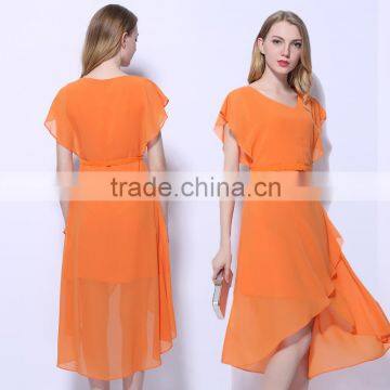 Women's irregular Design Orange Color Chiffon Summer Short Sleeve Dress Guangzhou Garments Design&Manufacturer