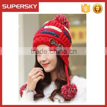 V-310 Stylish pom pom slouchy winter knitting women top beanie hat cute knit earflap