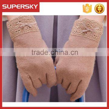 V-372 lace lady stylish women wool warmer gloves with lace trim magic finger golves