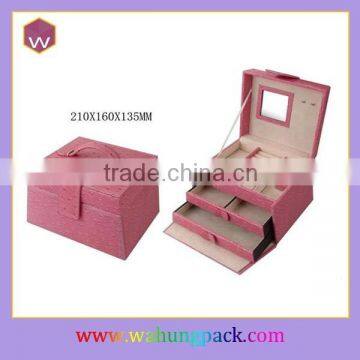 Fashion Pink PU Jewelry Box For Girls / Folding Mirrored Jewel Box Drawers Pull