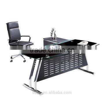 PT-D020 Elegant Design Stainless Steel Frame Executive Desk Black Tempered Glass Computer Desk