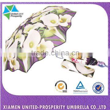 Top quality tulip flower printed wave edge aluminium automatic 3-fold umbrella