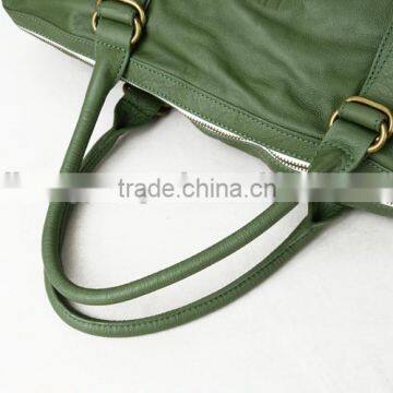 Green Genuine Leather Handle Bag Travel Kit Bag Customised Women Tote Bag photo-3