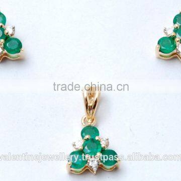 Triangle Shaped Small Round Emerald And Diamond Daily Wear Pendant Earrings Set In Yellow Gold