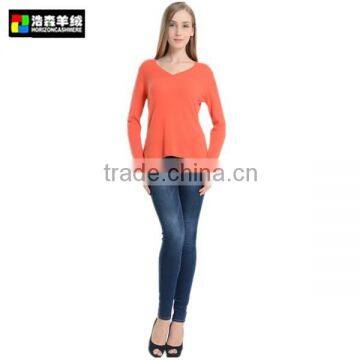 V Neck Long Sleeve Pullover, Fancy Orange Fleece Plain Cashmere Pullover