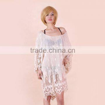 Latest fashion style batwing sleeve blouse fat women white lace dress