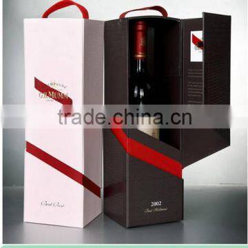 Side Open Paper Wine Box One Bottle Wine Packaging With Red Ribbon Handle