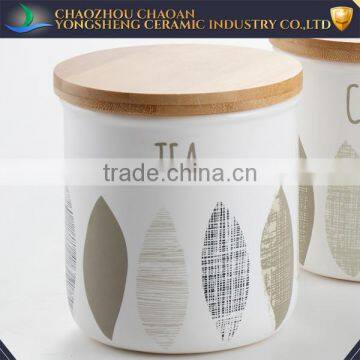 White Decaled Ceramic Canisters Set With Wooden Lid 3pcs photo-2