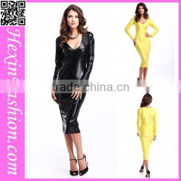 Wholesale Long Sleeve Women Sexy Leather Dress