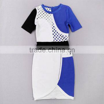 Blue And White Hollow Out Meshes Mid Sleeve Tight Sexy HL Bandage Dress