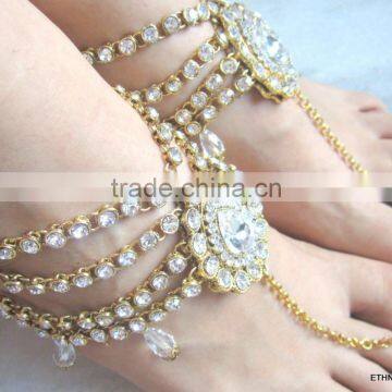 GOLD Tone Crystal PAYAL Anklets Pair With Toe Ring Barefoot Sandal photo-3