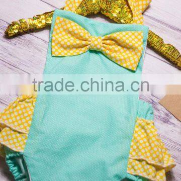 Baby Girls Mint And Yellow Polk Dots Ruffle Bubble Baby Kids Clothes Romper photo-3